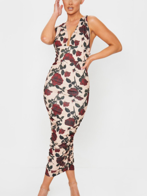 Cream Rose Print Deep Plunge Ruched Midaxi Dress