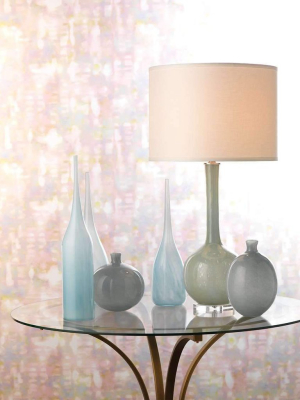 Florence Table Lamp In Pale Blue Glass With Large Open Cone Shade In Natural Linen