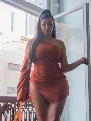 Rust One Shoulder Balloon Sleeve Bodycon Dress