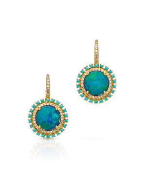 14kt Yellow Gold Opal Turquoise Diamond Round Kai Earrings