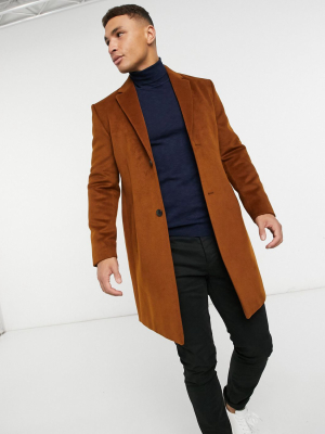 Topman Faux Wool Overcoat In Brown
