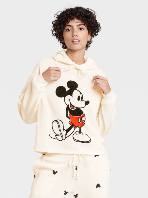 Women's Disney Mickey Mouse Flocked Hooded Graphic Sweatshirt - Off White