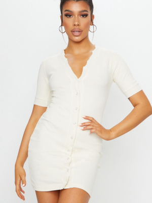 Cream Thick Rib Popper Frill Edge Bodycon Dress