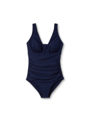 Women's Post-mastectomy Shirred V-neck One Piece Swimsuit - Kona Sol™ Navy