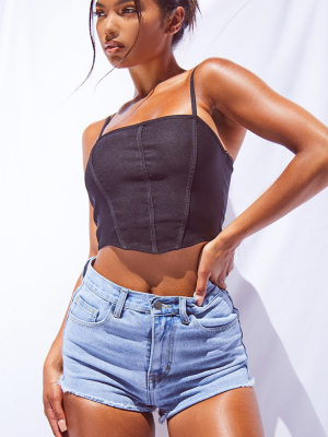 Black Woven Binding Detail Dipped Hem Crop Top