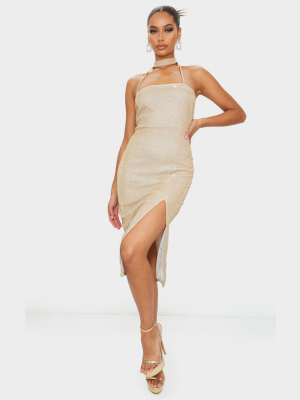 Gold Glitter High Neck Detail Split Midi Dress