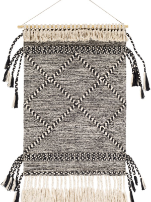 Zanafi Tassels Hand Woven Wall Hanging In Cream & Black