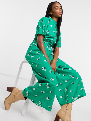 Asos Design Jersey High Neck Frill Tea Jumpsuit With Buttons In Green Floral