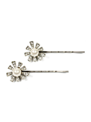Set Of 2 Pearl & Crystal Floral Bobby Pins