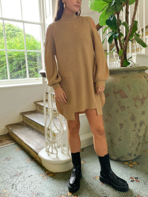 4th & Reckless Roll-neck Cold Shoulder Knitted Midi Dress With Stepped Hem In Camel