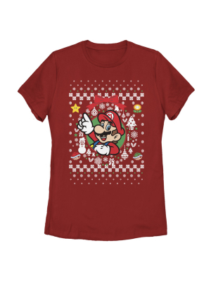 Women's Nintendo Ugly Christmas Mario Wreath T-shirt