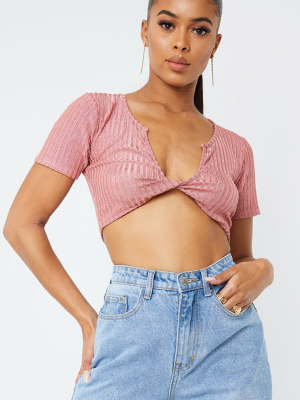 Pink Glitter Rib Twist Front Crop Top