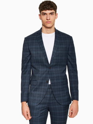 Navy Skinny Fit Check Single Breasted Blazer With Notch Lapels