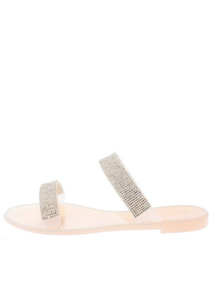 Jane186 Nude Rhinestone Dual Lucite Strap Flat Slide Sandal