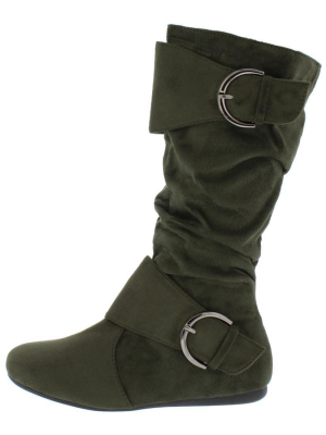 Klein70 Olive Almond Toe Dual Buckle Mid Calf Boot