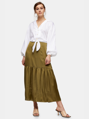 Tall Khaki Plain Tiered Satin Skirt