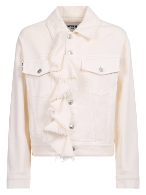 Msgm Frayed Ruffle Trimmed Denim Jacket