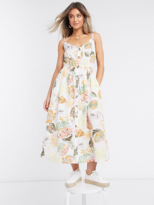 Vila Midi Cami Dress With Button Through In Palm Print