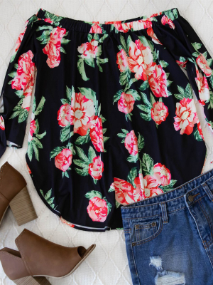 Floral Mila Off Shoulder Top - Black