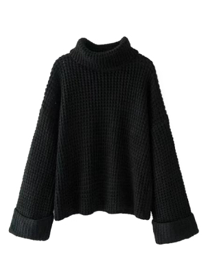'retta' Black Ribbed Cropped Turtleneck Sweater