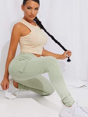 Sage Green Pocket Detail Heavy Ribbed Leggings