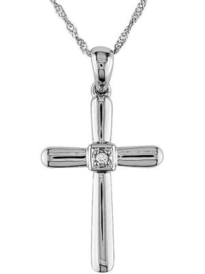 Pompeii3 Diamond Cross Pendant Round Solitaire 10k White Gold