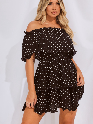 Black Polka Dot Bardot Ruffle Tiered Dress