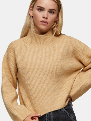 Petite Camel Cropped Funnel Neck Knitted Sweater