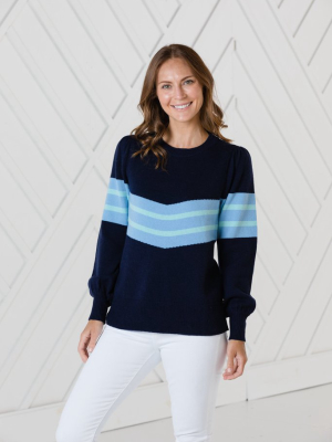 Navy Puff Sleeve Stripe Sweater