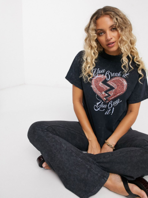 Vintage Supply Oversized T-shirt With Broken Heart Sequin Graphic