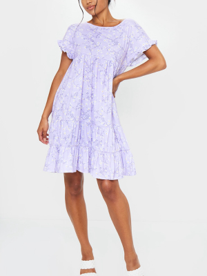 Lilac Ditsy Print Frill Sleeve Smock Dress