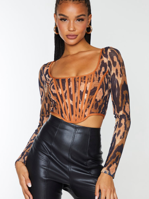 Tan Leopard Printed Mesh Binding Detail Long...