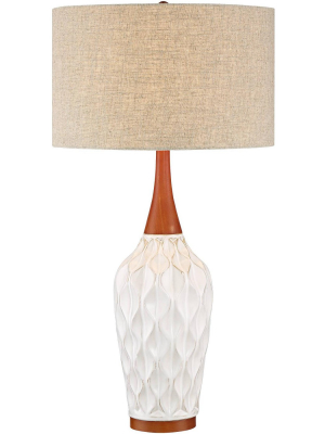 360 Lighting Mid Century Modern Table Lamp White Geometric Ceramic Wood Tan Fabric Drum Shade For Living Room Family Bedroom