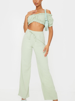 Sage Green Wide Leg Pleat Detail Joggers