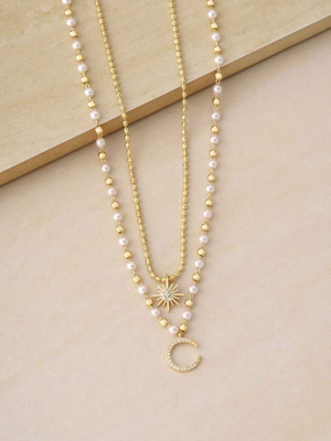 Interstellar Pearl And Crystal Layered 18k Gold Plated Necklace Set