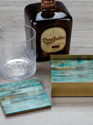 Coaster Set On Metal Tray In Green And Gold