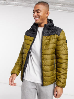 Only & Sons Puffer With Hood In Green Color Block