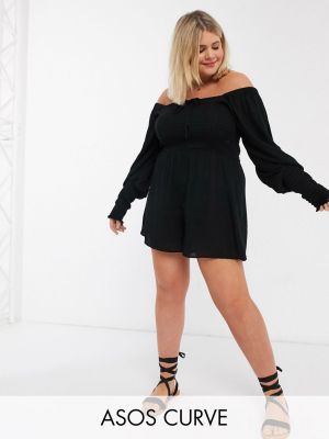 Asos Design Curve Romper With Shirred Bodice And Sleeves In Black