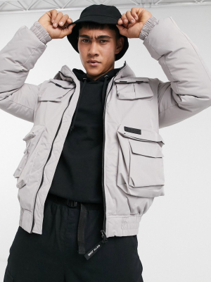 Sixth June Cargo Padded Jacket With Pockets In Light Gray