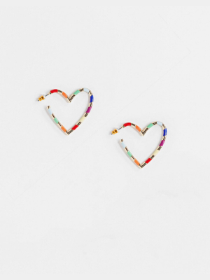 Asos Design Heart Hoop Earrings With Multicolor Stripe In Gold Tone