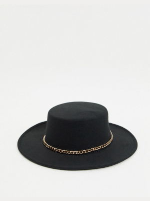 My Accessories London Boater Hat With Gold Chain Trim In Black