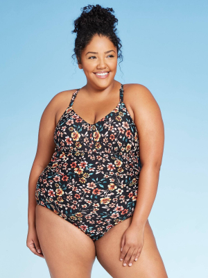 Women's Plus Size Lace-up Back One Piece Swimsuit - Kona Sol™ Floral 14w