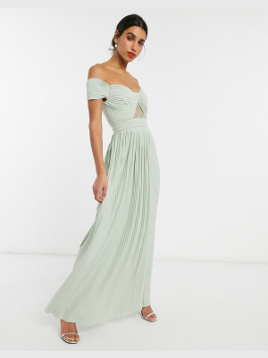 Asos Design Premium Fuller Bust Lace And Pleat Bardot Maxi Dress In Sage