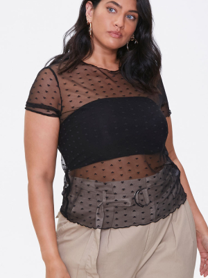 Plus Size Mesh Heart Print Top