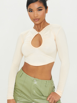 Nude Slinky Ruched Keyhole Long Sleeve Crop Top