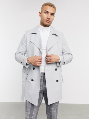 Asos Design Double Breasted Trench Coat With Belt In Gray