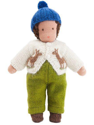 9" Waldorf Boy Doll In Cardigan In Green Pants · Brown