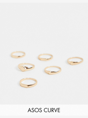 Asos Design Curve Pack Of 6 Rings With Mixed Signet Shape Design In Gold Tone