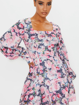 Multi Rose Print Puff Sleeve Frill Hem Bodycon...