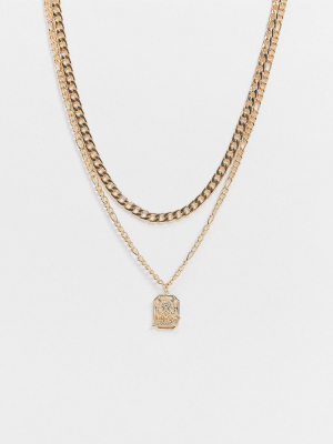 Asos Design Layered Necklace Pack With Tiger Strike Pendant In Gold Tone